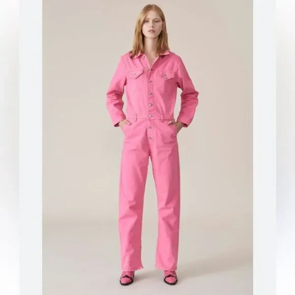 Ganni Pink Jumpsuit Boilersuit Cotton Denim Size 2
